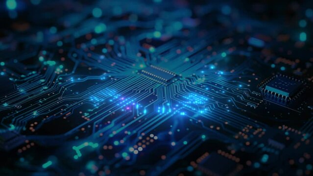 Motherboard digital chip waving signals of Energy. Technological and scientific blue background. Energy Pulse Expanding after CPU Connected to Socket. Digital future internet and crypto computer code.