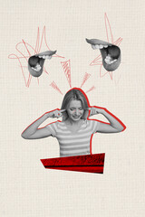 Vertical collage picture illustration black white filter sad depressed young lady loud scream close...