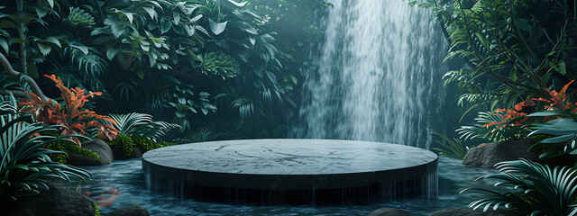 a waterfall in the jungle surrounds a round stone tab - obrazy, fototapety, plakaty