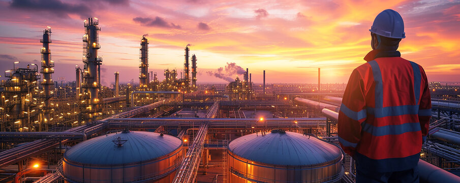 Engineer Overlooking Industrial Petroleum Processing,
Dedicated Engineer in the Heart of Petroleum Refinery,
 Engineering Precision in Oil and Gas Processing, Refinery Infrastructure and Pipelines