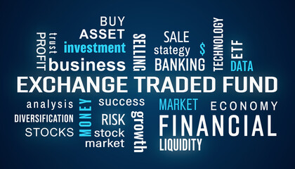 Illustation of exchange traded fund (ETF) keywords cloud with white and blue text on dark background.