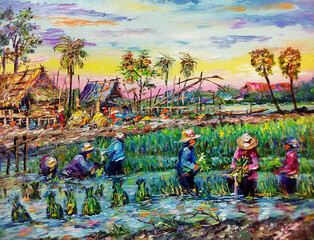 Art painting  oil  color Thailand Grow rice  and Transplant rice seedlings   Countryside 