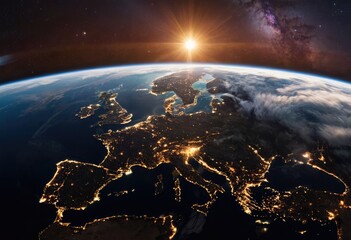 Fototapeta premium panoramic view of planet Earth from space, with city lights glowing and light clouds scattered across the sky
