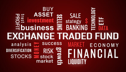 Illustation of exchange traded fund (ETF) keywords cloud with white and red text on dark background.
