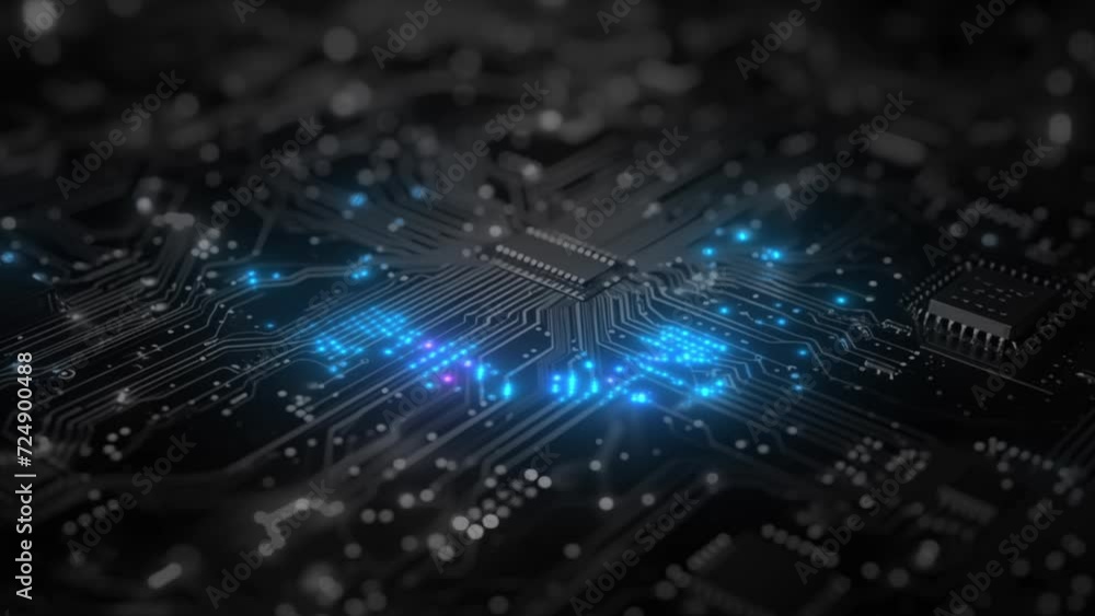 Poster motherboard digital chip waving signals of energy. technological and scientific blue background. ene