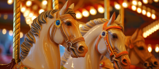Fototapeta na wymiar Merry-go-round horses await their next joyful riders, a carousel in repose