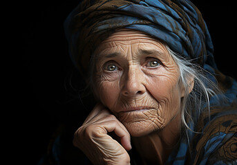 Portrait of elderly woman isolated on dark background, thinking and looking. - obrazy, fototapety, plakaty