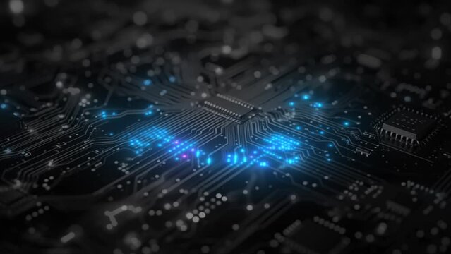 Motherboard digital chip waving signals of Energy. Technological and scientific blue background. Energy Pulse Expanding after CPU Connected to Socket. Digital future internet and crypto computer code.