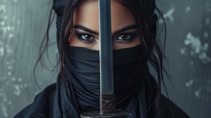 Female ninja character with black face mask AI generated image - obrazy, fototapety, plakaty
