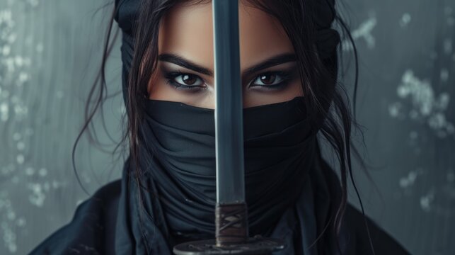 Female ninja character with black face mask AI generated image
