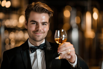 A young man toasting with a glass of whisky