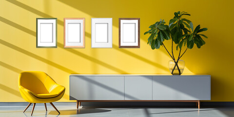 Photo Frames Yellow tones with a play of light and shadow on the wall and floor.