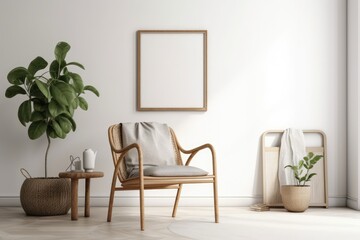 Interior of a living room with a wicker chair and a eucalyptus plant against a white wall mock up,