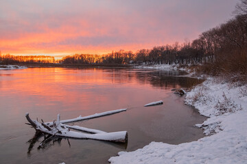 sunrise over the river.winter landscape