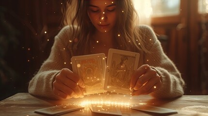 A young woman holds tarot cards in hands Fortune telling. Cards predict the future and glow with a magical golden glow. Esoteric and mystical theme in modern world - obrazy, fototapety, plakaty