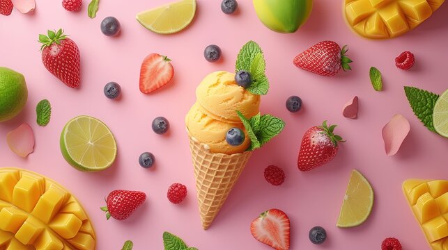 Delicious mango flavor ice cream with strawberry, bluberry, lime and pieces of fruit in a crispy waffle cone