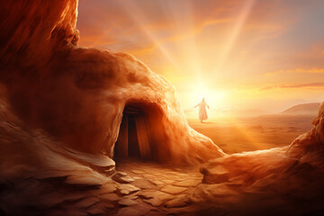 Jesus Christ Resurrection, Christian Easter Background. Empty tomb, resurrection Sunday. - obrazy, fototapety, plakaty