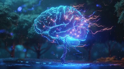 Human brain with lightning and particles on dark background
