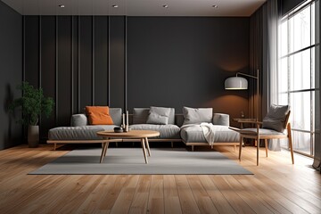 Apartment rooms with a dark gray wall, a wooden parquet floor, and a white sofa. planning a design