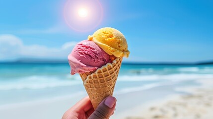 Delicious raspberry ice cream with mango in a crispy waffle cone in a woman's hand on the beach and azure sea in the hot summer