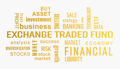 Illustation of exchange traded fund (ETF) keywords cloud with yellow text on white background.