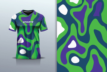 Sport jersey design template mockup water wave abstract line for football soccer, racing, running, e sports, green purple color