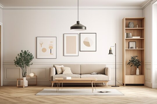 Interior of a light beige living room with parquet flooring. Sofa, coffee table, black pendant lamp, cupboard with three open shelves, and mockup framed banner are all present