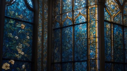 blue color floral  stained glass window