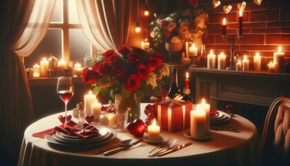 Fototapeta na wymiar Romantic Candlelit Dinner Setting with Roses