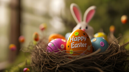 Easter eggs in nest with cute bunny in background and copy space - Format 16:9
