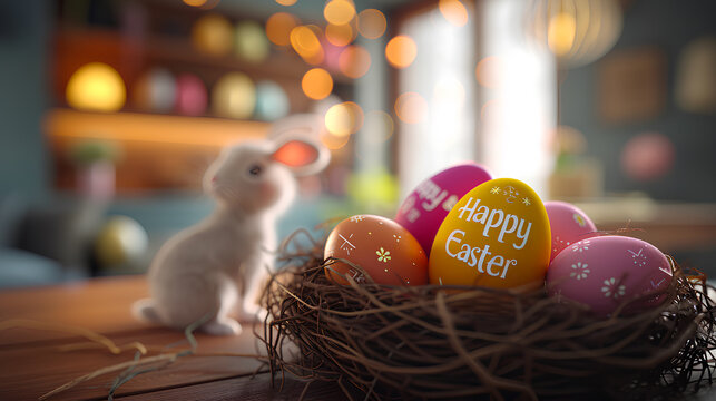 Easter eggs in a nest and cute bunny on a wooden table. Happy Easter! - Format 16:9