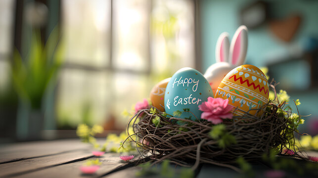 Easter eggs in a nest on a wooden table and bunny ears. Happy Easter! - Format 16:9