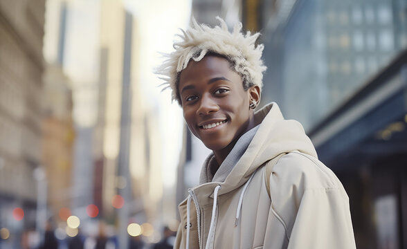 Portrait of soft Smiling African Black teen student with fancy Bleached hair in light warm hoodie on big city downtown street with scyscrappers. University, education, young teen people concept image