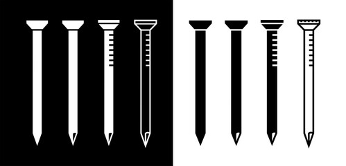 Set of nail (pin, hardware) icons. Symbol for fastening parts or repair. Fasteners for construction.