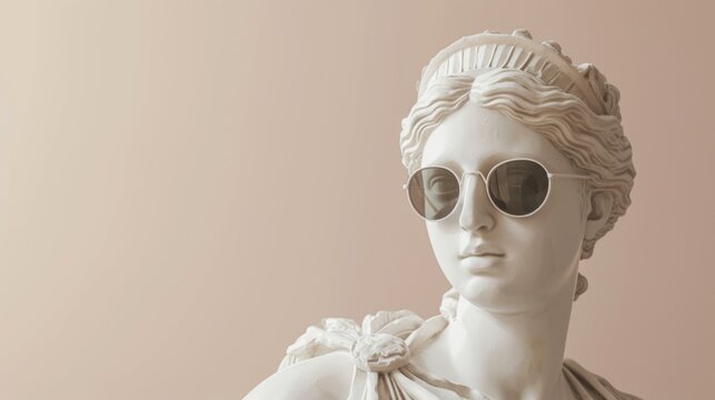 Cool ancient Greek or Roman white statue of woman wearing sunglasses on pastel background with a free place for text. Contemporary art and fashion