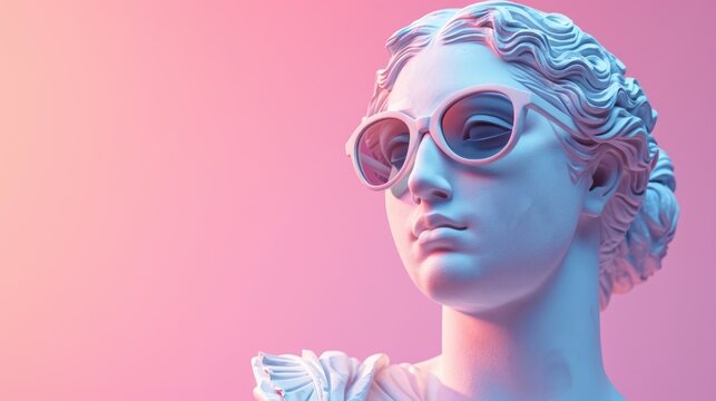 Cool ancient Greek or Roman white statue of woman wearing sunglasses on pastel background with a free place for text. Contemporary art and fashion