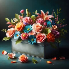 intimate scene featuring a metallic container filled with colorful flowers, including pink roses, orange lilies, blue blossoms, and green leaves. The background is dark teal, contrasting with the brig