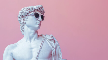 Cool ancient Greek or Roman white statue of man wearing sunglasses on pastel background with a free place for text. Contemporary art and fashion