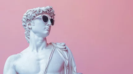 Fotobehang Cool ancient Greek or Roman white statue of man wearing sunglasses on pastel background with a free place for text. Contemporary art and fashion © eireenz