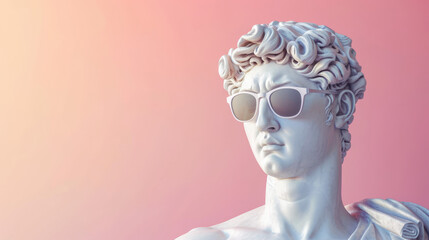 Cool ancient Greek or Roman white statue of man wearing sunglasses on pastel background with a free place for text. Contemporary art and fashion