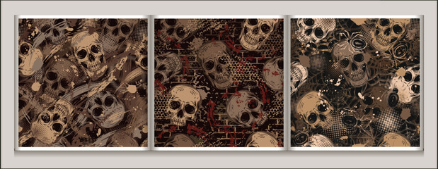 Set of brown camouflage patterns with human skulls, brick wall, abstract brushstrokes, spiderweb. Grunge style of illustrations. Good for apparel, clothing, fabric, textile, sport goods. Not AI