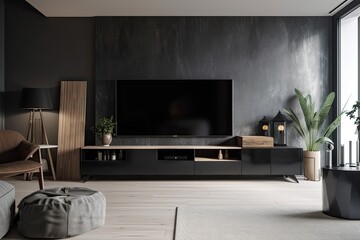 In the living area, there is a giant display TV set and a black cabinet design