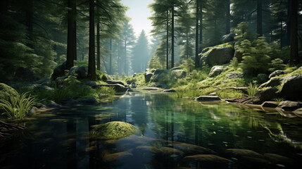 Tranquil Forest Scene with Serene Stream and Lush Greenery