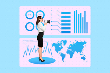 Photo illustration creative collage business lady announce results loudspeaker infographic...