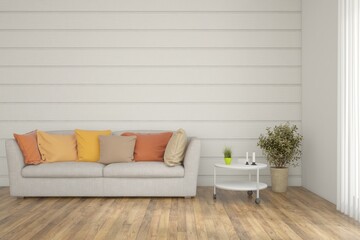 White living room with sofa. Scandinavian interior design. 3D illustration