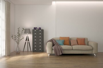 Interior design of modern apartment. Interior mockup. Scandinavian interior design. 3D illustration