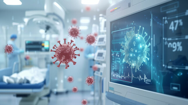 Advanced monitoring system in an ICU displays vital statistics and virus model, enhancing patient care during the COVID-19 pandemic - Powered by Adobe