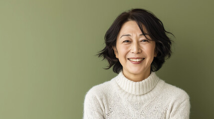  Happy Asian Woman. Portrait of Beautiful Older Mid Aged Mature Smiling Woman Isolated on Olive Green Background. Anti-aging Skin Care Face Beauty Product. Banner with Copy Space. - obrazy, fototapety, plakaty