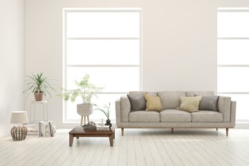White living room with sofa. Scandinavian interior design. 3D illustration