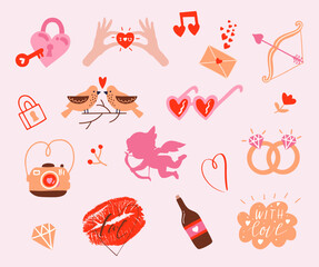 Vector set of hand drawn different Valentine's elements. Icons for your design. Happy Valentine's Day.